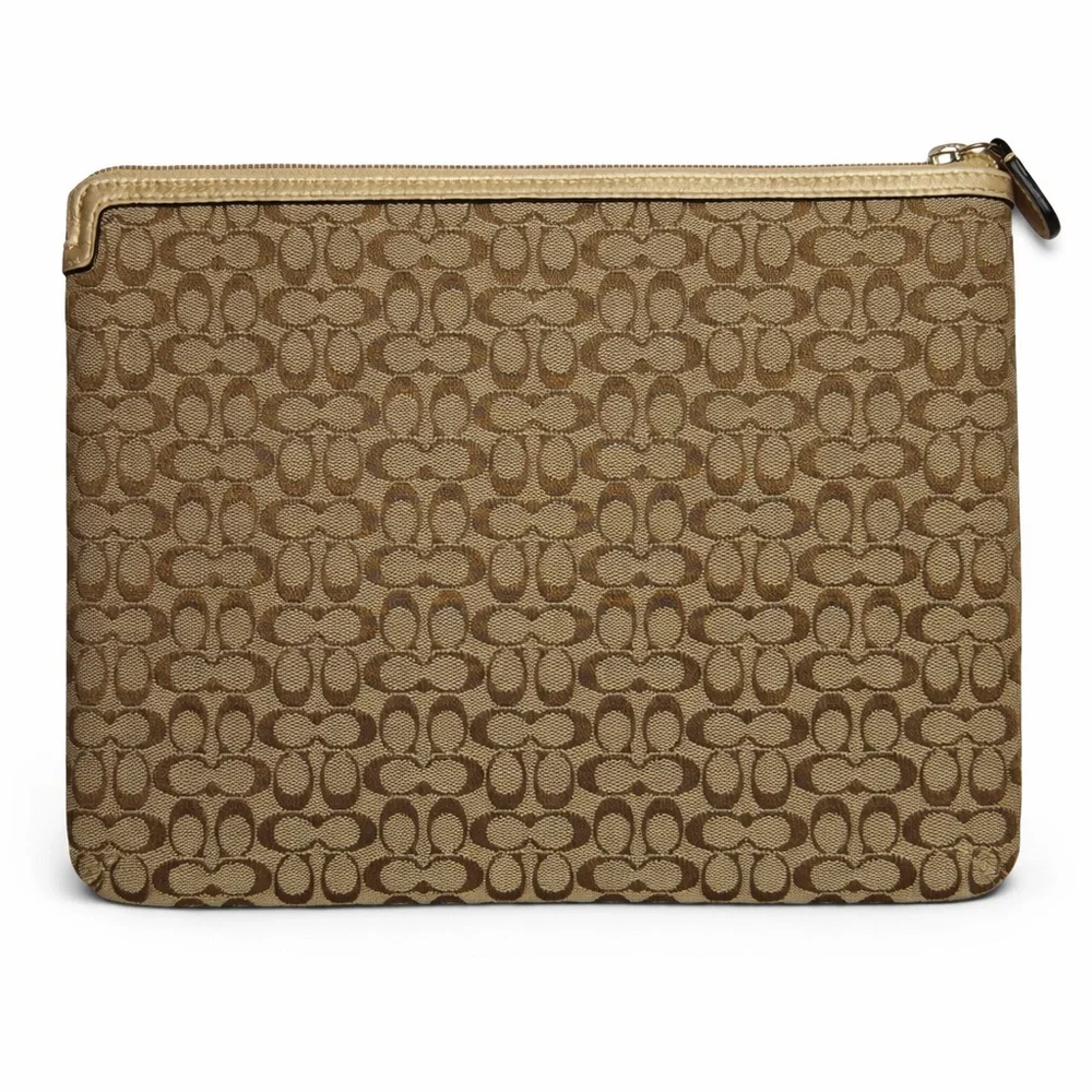 Coach Signature Tablet Sleeve Khaki Jacquard Gold Leather 8.25 x 10.35